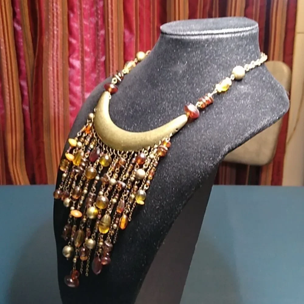 Elegant Gold and Brown Chain/Beaded Statement Necklace Boho Granny Chic - Picture 2 of 7